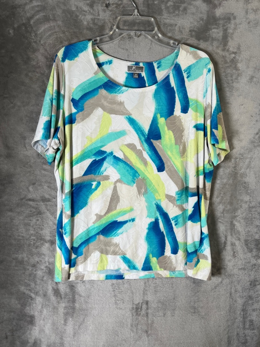 JM Collection White Top with Blue, Teal, Lime and Gray Brushstroke Print